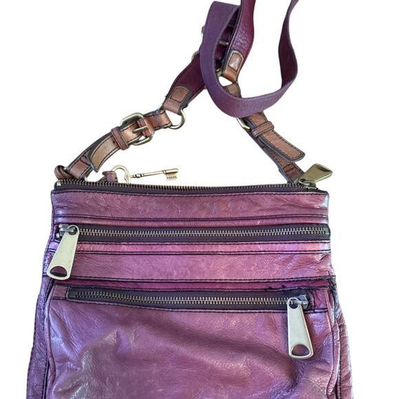 Fossil Burgundy Leather Cross Body Explorer Bag with Brass Hardware - Picture 3 of 7